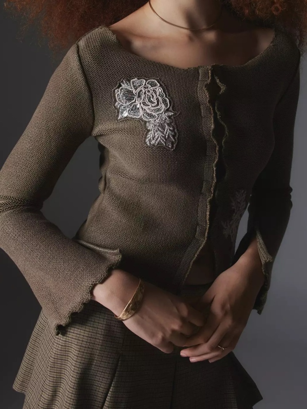 silence + noise Kimchi Blue Brown Knit Cardigan with White Floral Appliqués